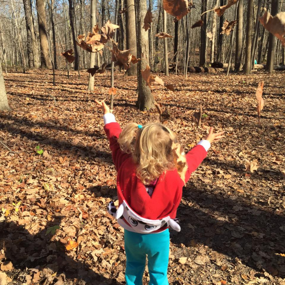 A young child, with their back to the camera, tosses fallen leaves in the air, over their head. They're wearing a red and white sweatshirt coat and have on bright blue pants. Their hair is blonde and medium length. Surrounding them are the trunks of bare trees and fallen leaves on the ground. 